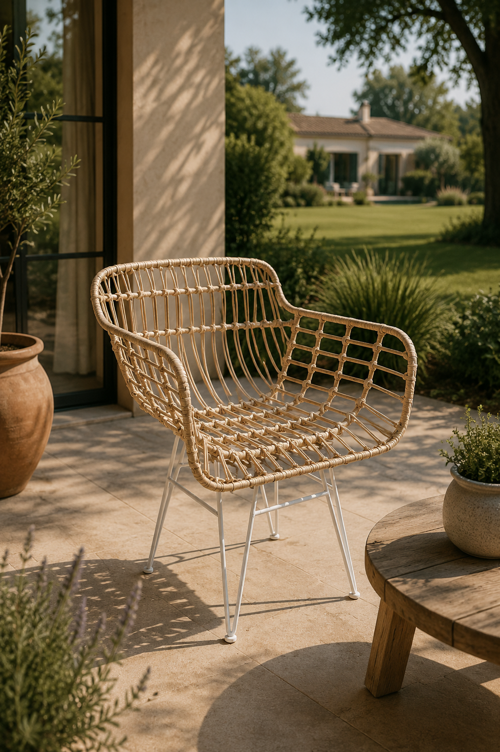 Sillón Coco Patas Blancas – Hierro y Mimbre | Basket Shop