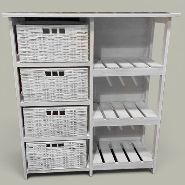 Cajonera 4 Canastos Mimbre + Estante Blanca 90 cm | Basket