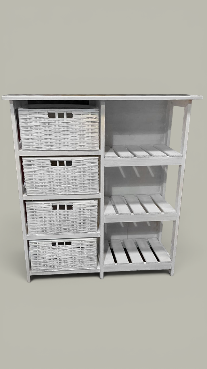 Cajonera 4 Canastos Mimbre + Estante Blanca 90 cm | Basket